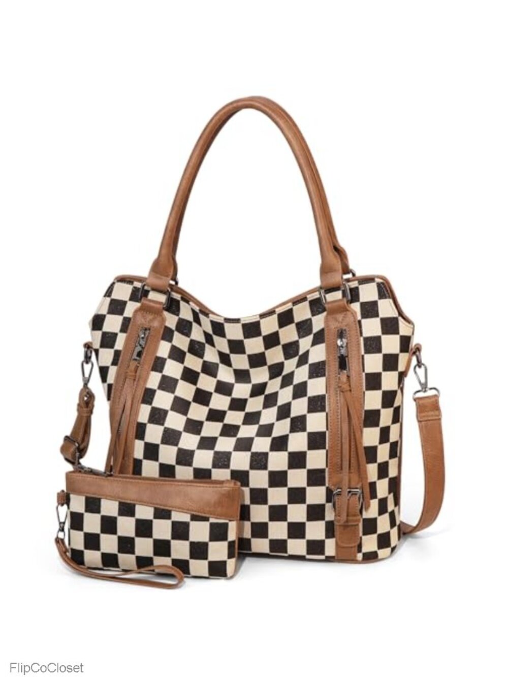 Checkered Tote Bag Large PU Leather Canvas Hobo Shoulder Bag with Multiple